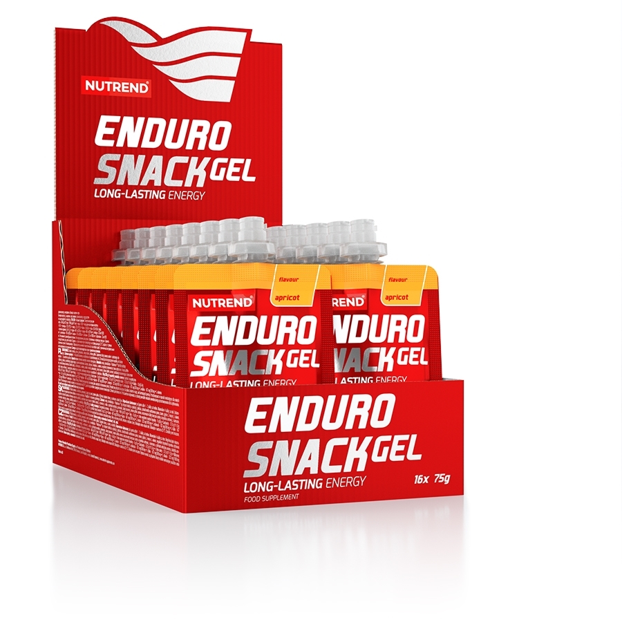 Caixa de gel energético Nutrend Enduro Snack Gel com várias embalagens vermelhas