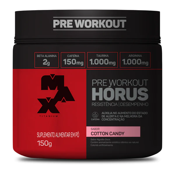 Frasco preto e vermelho de suplemento Pre Workout Horus com texto indicativo dos ingredientes e sabor cotton candy