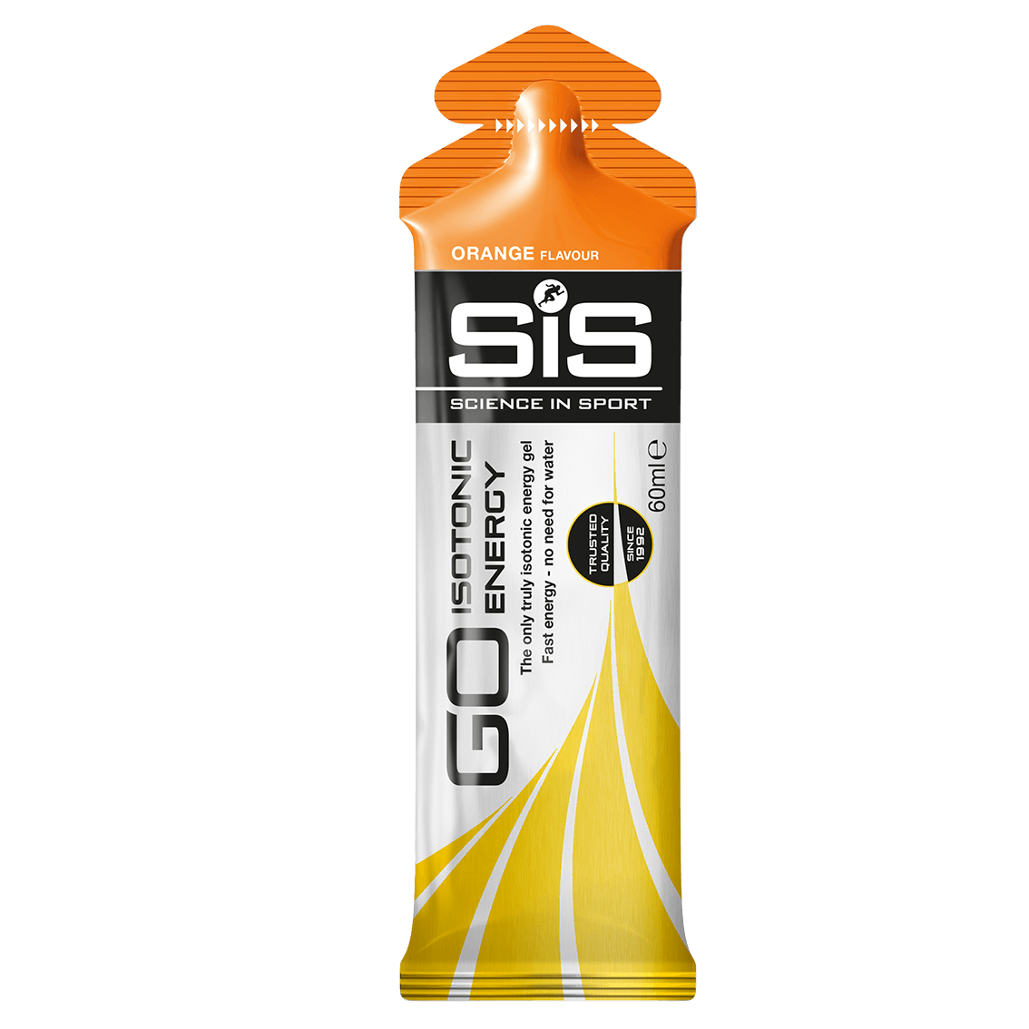 Gel energético isotónico SiS sabor laranja em embalagem flexível amarela, branca e preta