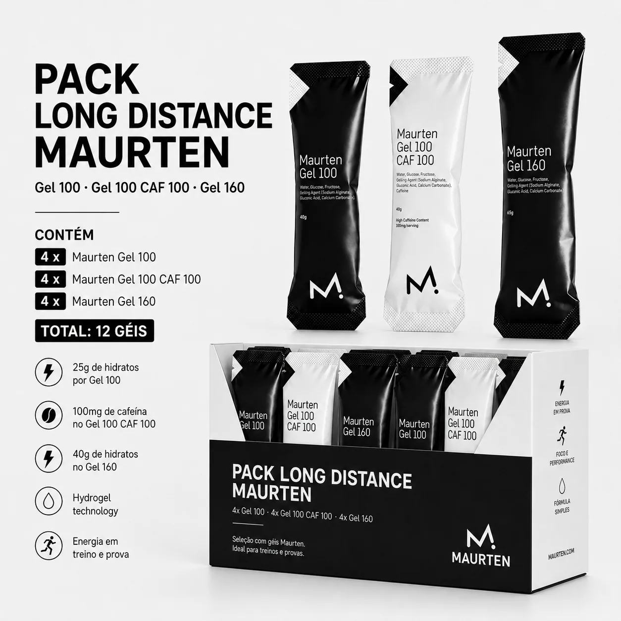 Pack Maurten Long Distance – 12 Géis Pack Long Distance Maurten com 12 géis energéticos em embalagens preta e branca.