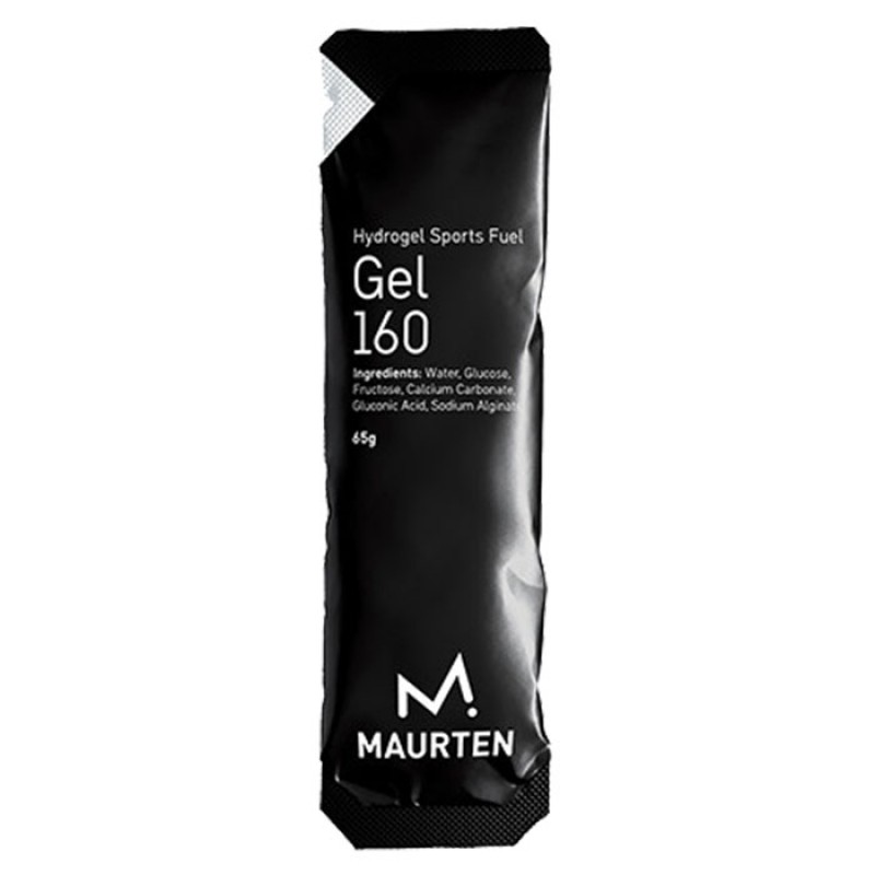 Embalagem preta de gel energético Maurten Gel 160 com texto branco