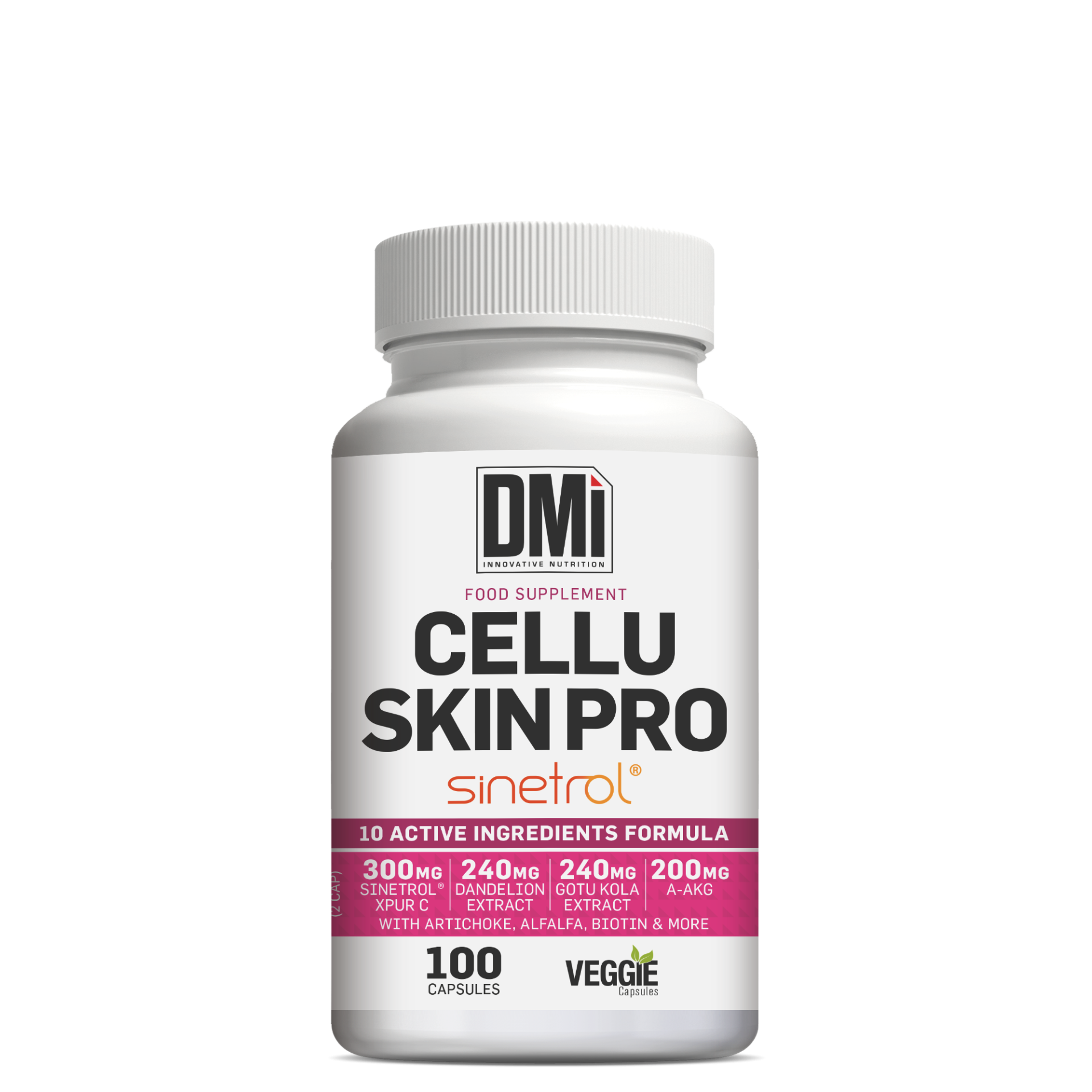 Frasco branco de suplemento alimentar DMi CELLU SKIN PRO com rótulo branco e rosa