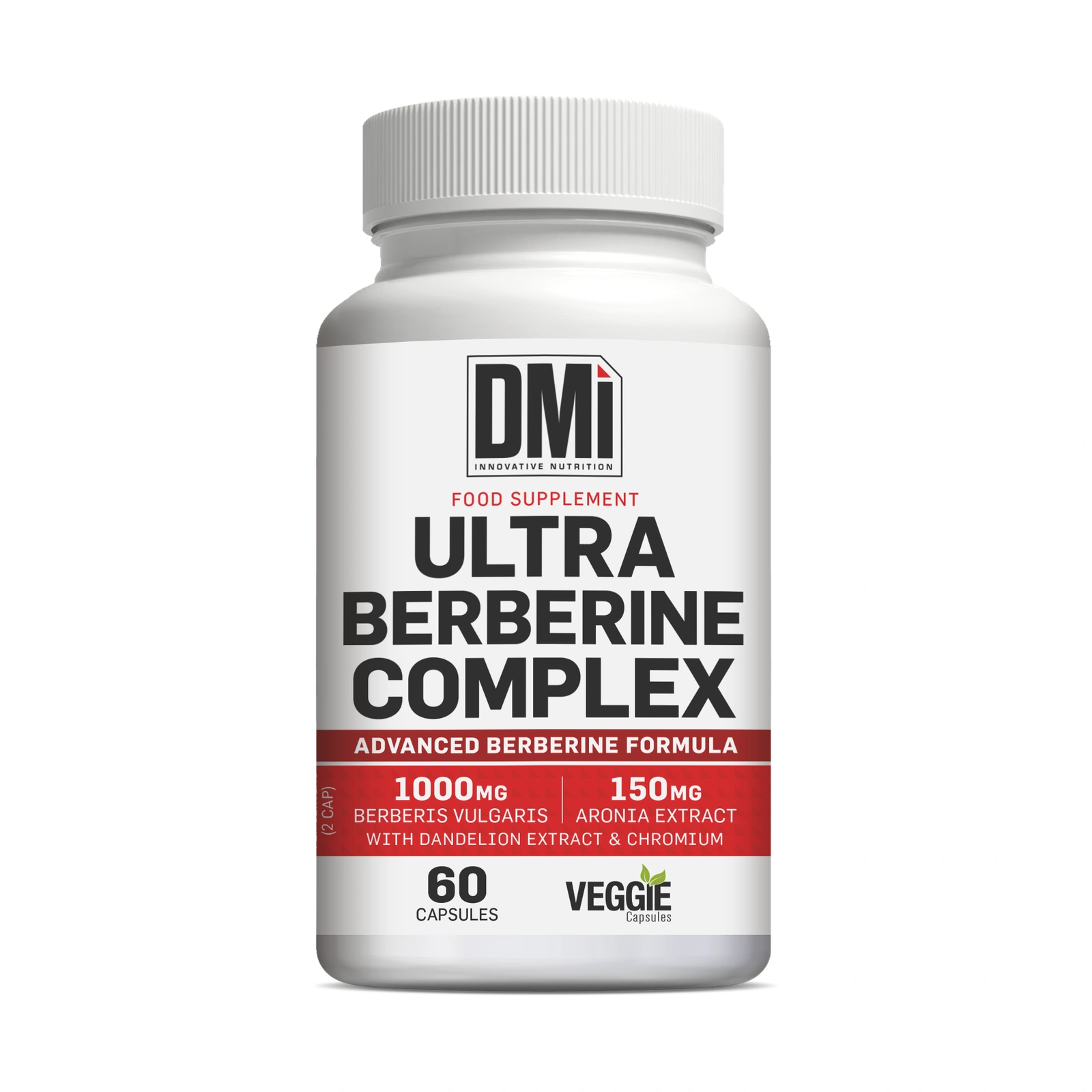 ULTRA BERBERINE COMPLEX DMI — 60 Cápsulas Frasco branco de suplemento alimentar Ultra Berberine Complex da DMi com rótulo vermelho e branco.