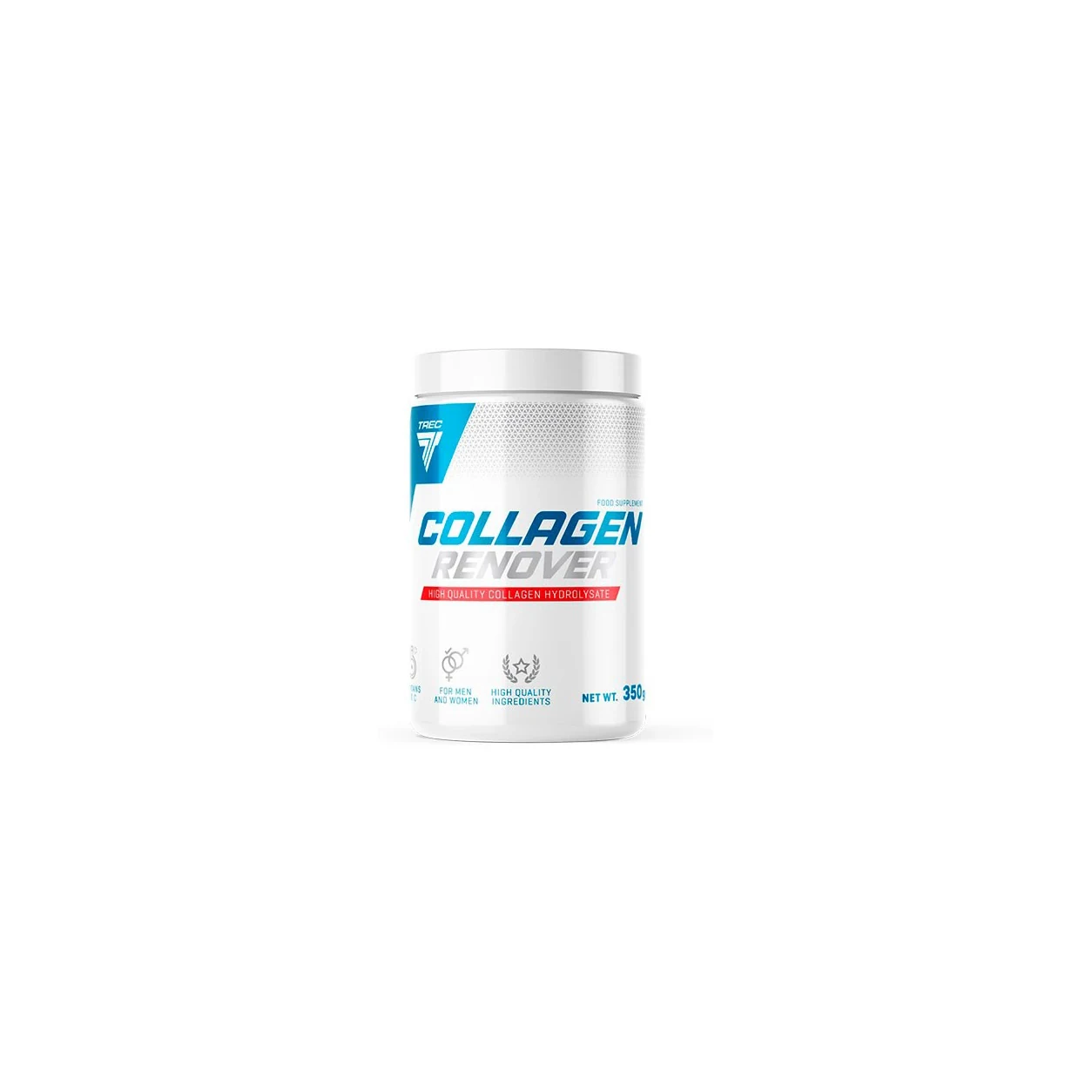Collagen Renover® Trec Nutrition 350g Embalagem branca de suplemento Collagen Renover com texto azul e detalhes vermelhos.