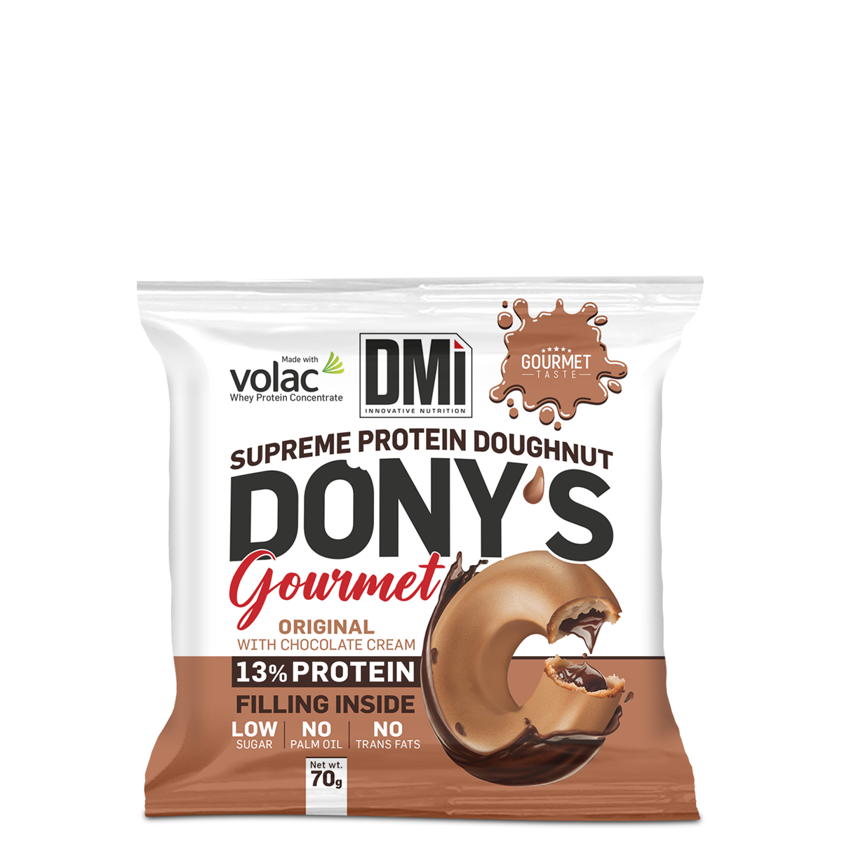 Embalagem do doughnut proteico Dony's Gourmet com creme de chocolate