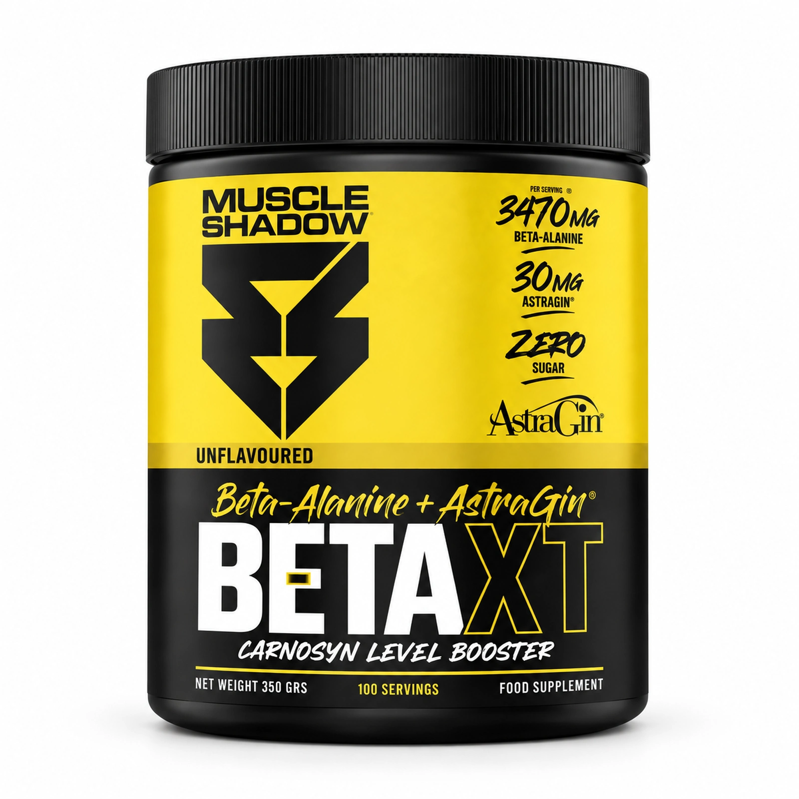 BETA XT Muscle Shadow — 350 g Frasco de suplemento alimentar Muscle Shadow Beta XT com rótulo amarelo e preto