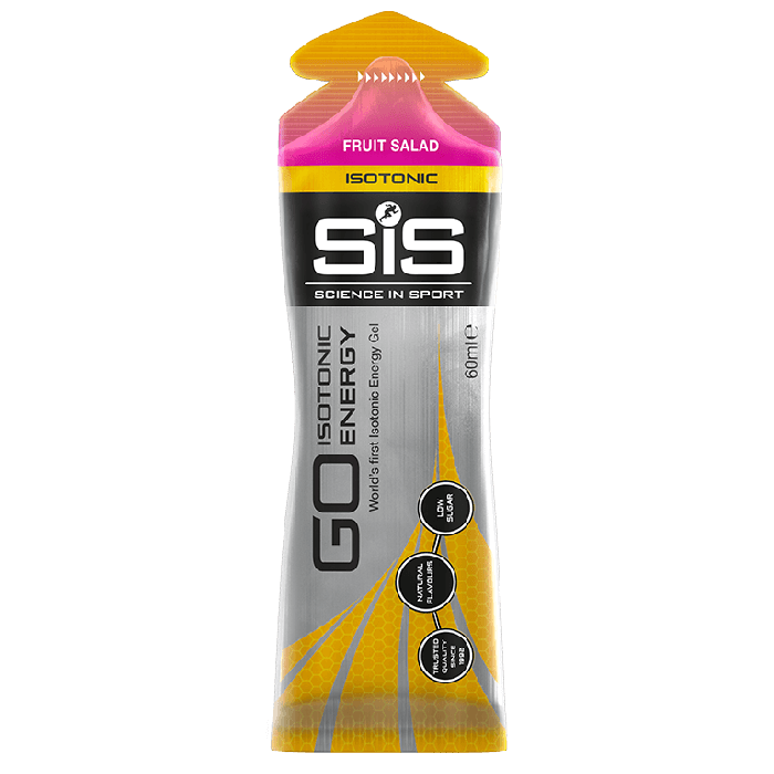 Pacote de gel isotónico SiS sabor FRUIT SALAD com 60 ml em embalagem prateada e amarelo