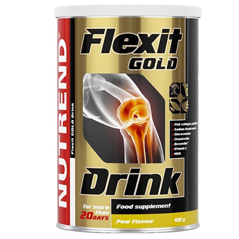 Lata de suplemento alimentar Nutrend Flexit Gold Drink sabor pêra com imagem de joelho