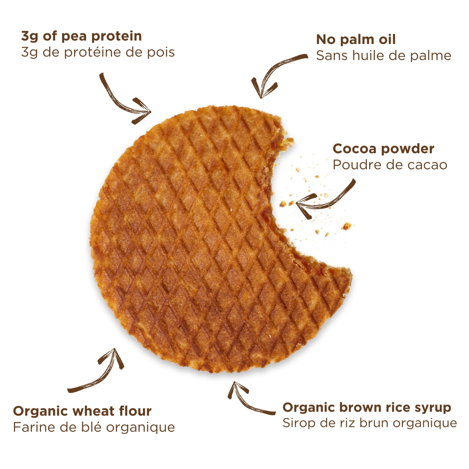 Biscoito redondo com mordida e texto sobre ingredientes em inglês e francês