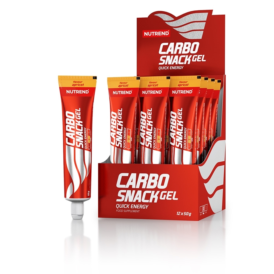 Caixa vermelha com vários sachês e um tubo de Carbo Snack Gel da Nutrend sabor Abacaxi Coado
