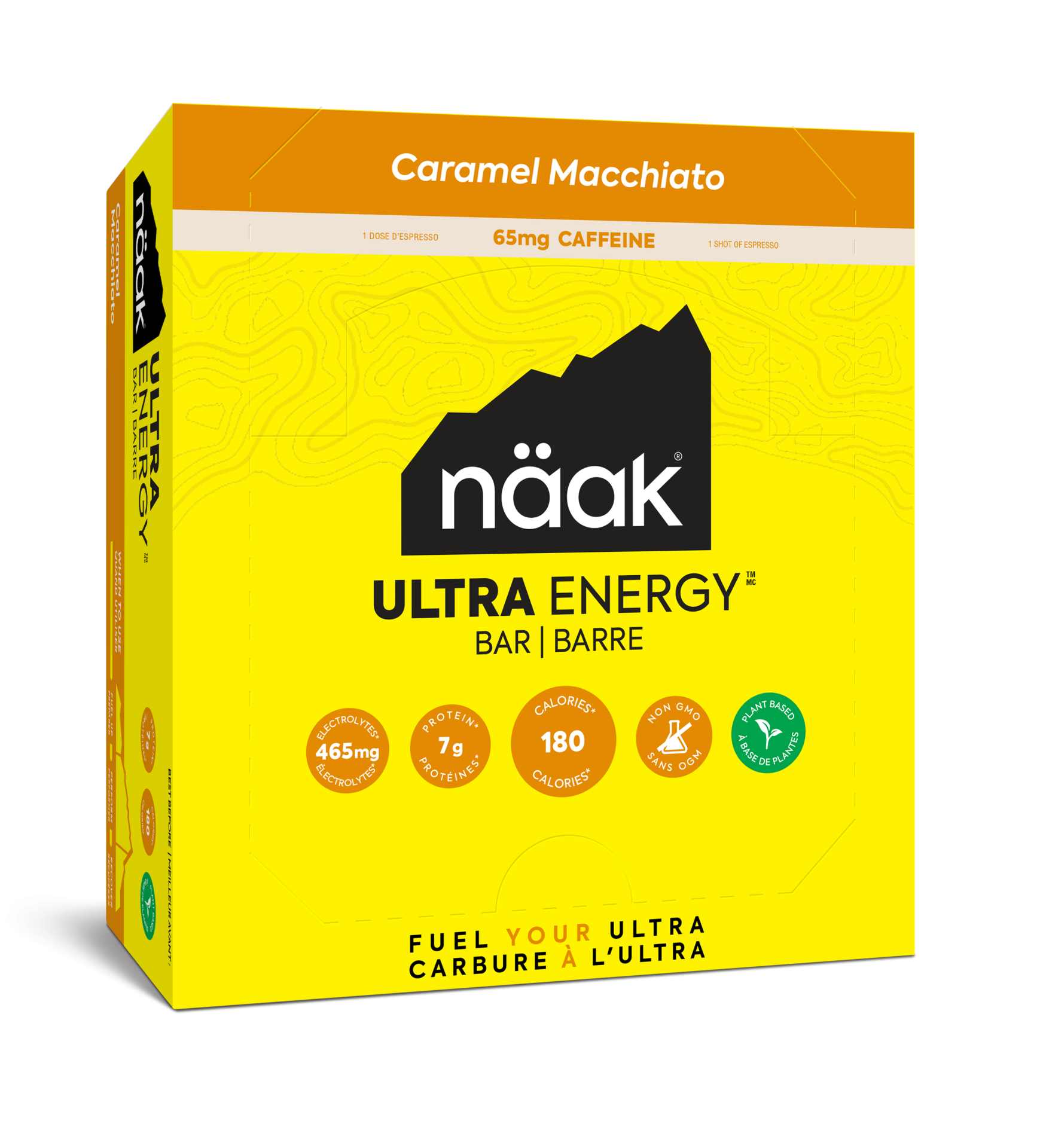 Caixa amarilla de barras energéticas näak ULTRA ENERGY Caramel Macchiato