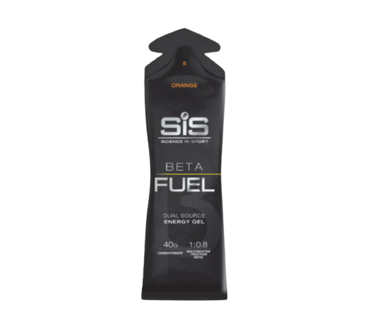 Pacote de gel energético SiS Beta Fuel preto com texto em branco e laranja sabor laranja
