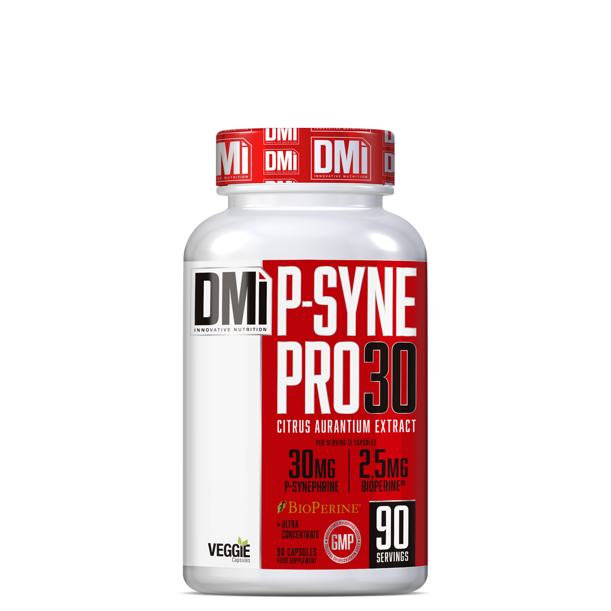 Frasco branco de suplemento DMI P-SYNE PRO 30 com rótulo vermelho e branco