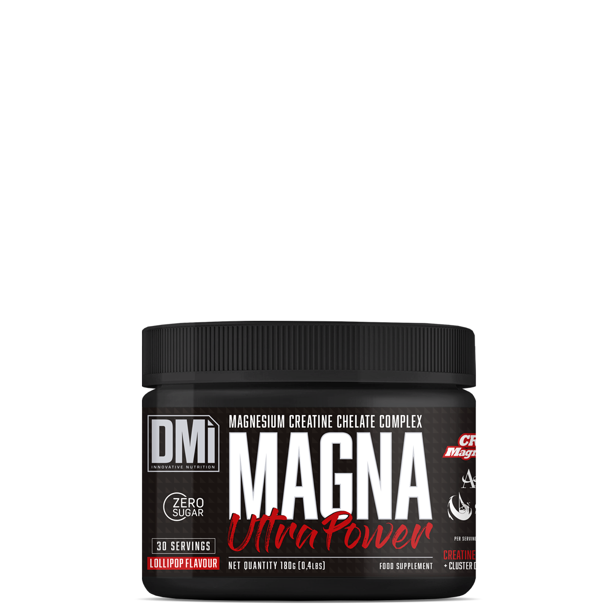 Frasco preto de suplemento alimentar MAGNA Ultra Power com tampa preta