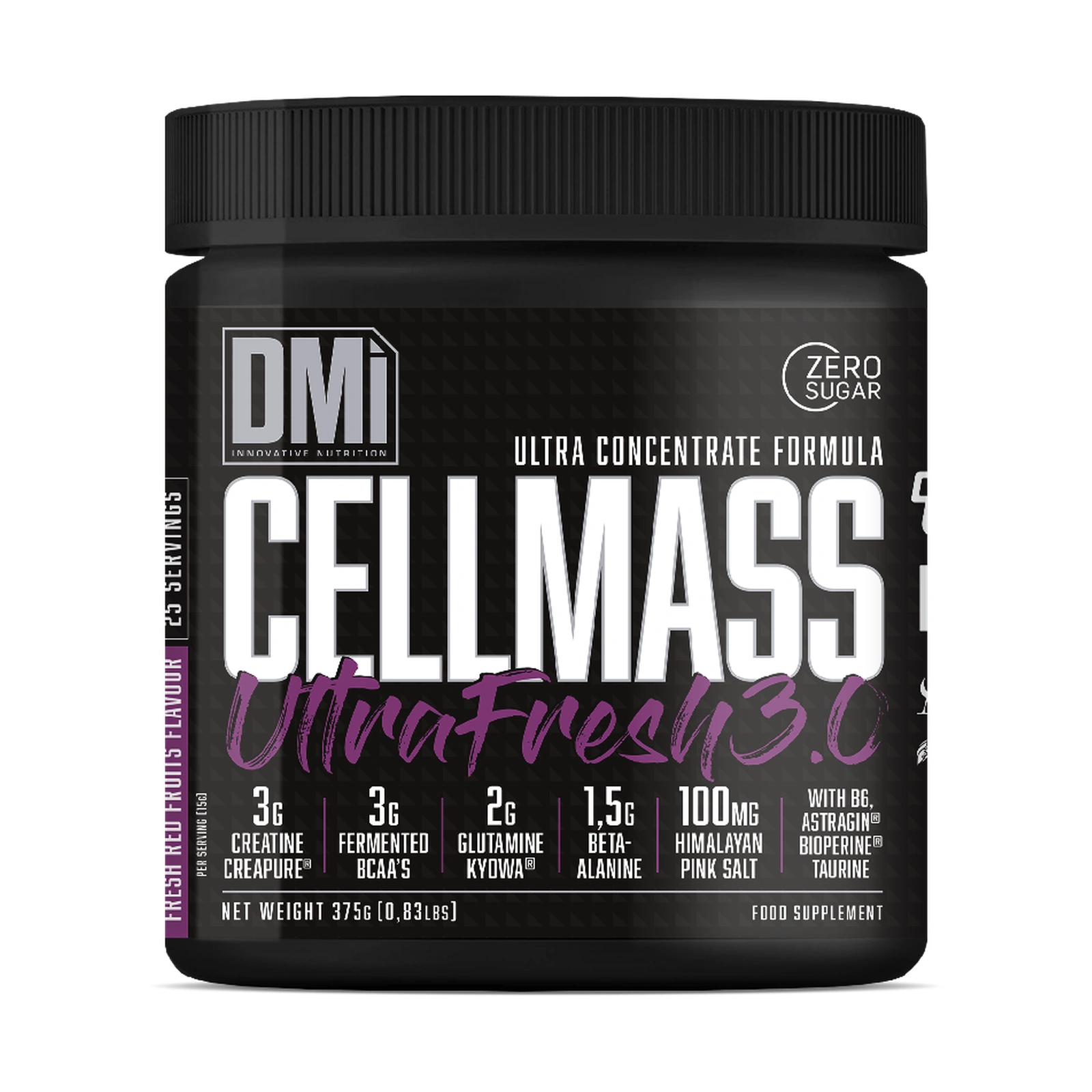 CellMass Ultra Fresh 3.0 DMI — 375 g Frasco preto de suplemento alimentar CELL MASS Ultra Fresh 3.0.