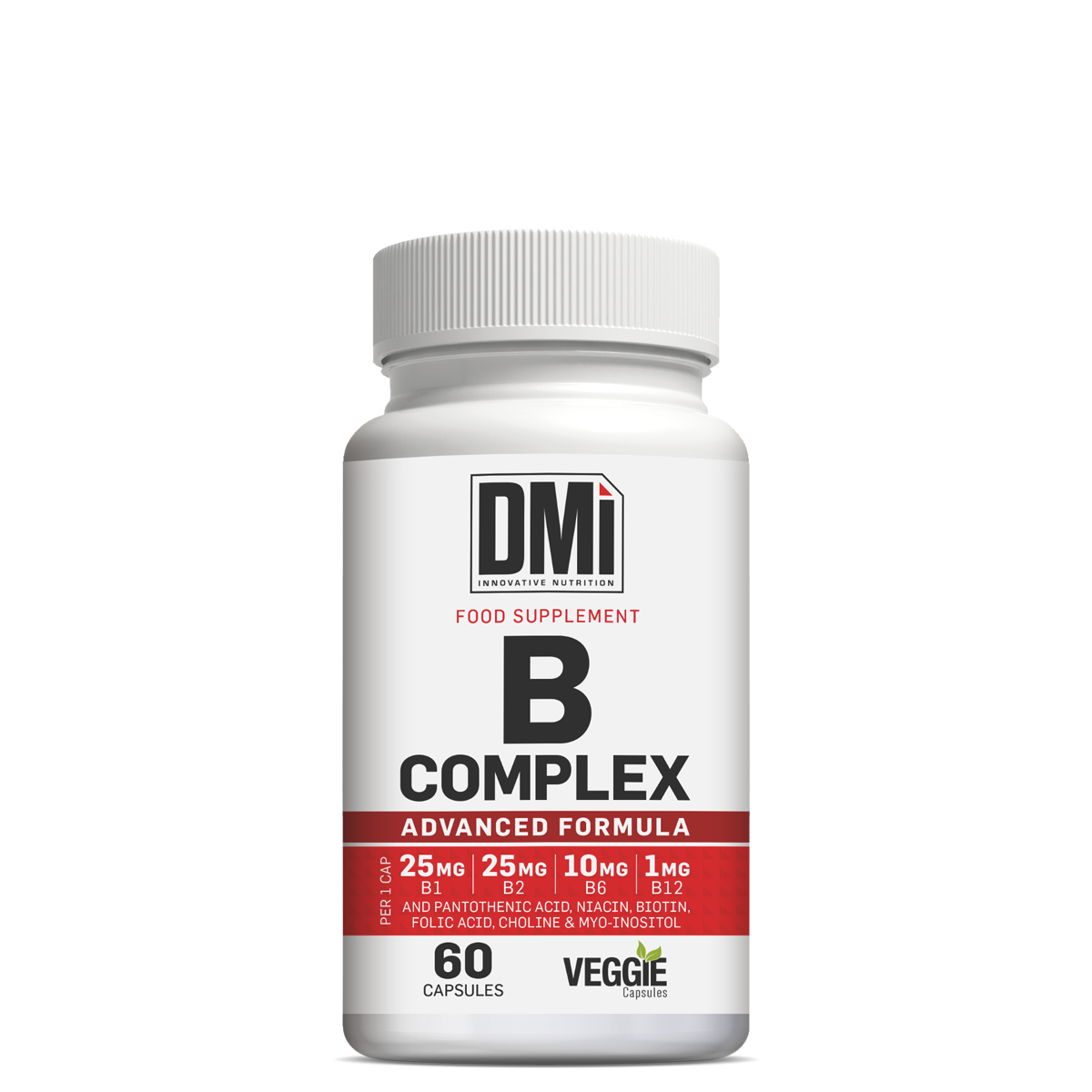 Frasco branco de suplemento alimentar DMI B Complex com 60 cápsulas vegetarianas