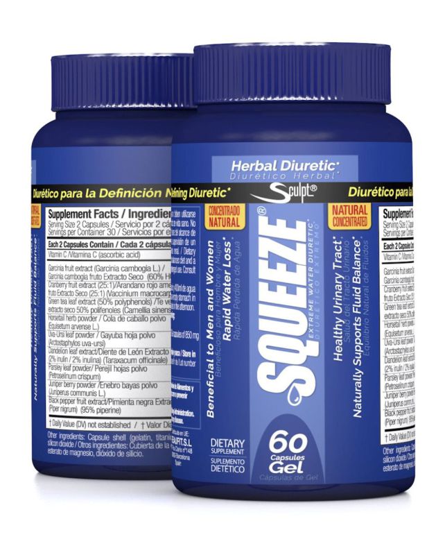 Frascos azuis de suplemento SQUEEZE Herbal Diuretic com rótulo colorido e texto em inglês e espanhol