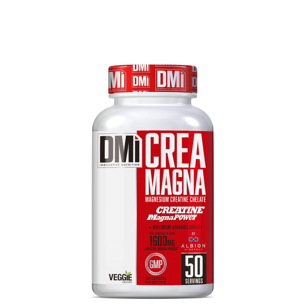 Frasco branco de suplemento CREA MAGNA com tampa vermelha e rótulo detalhado em vermelho e branco.