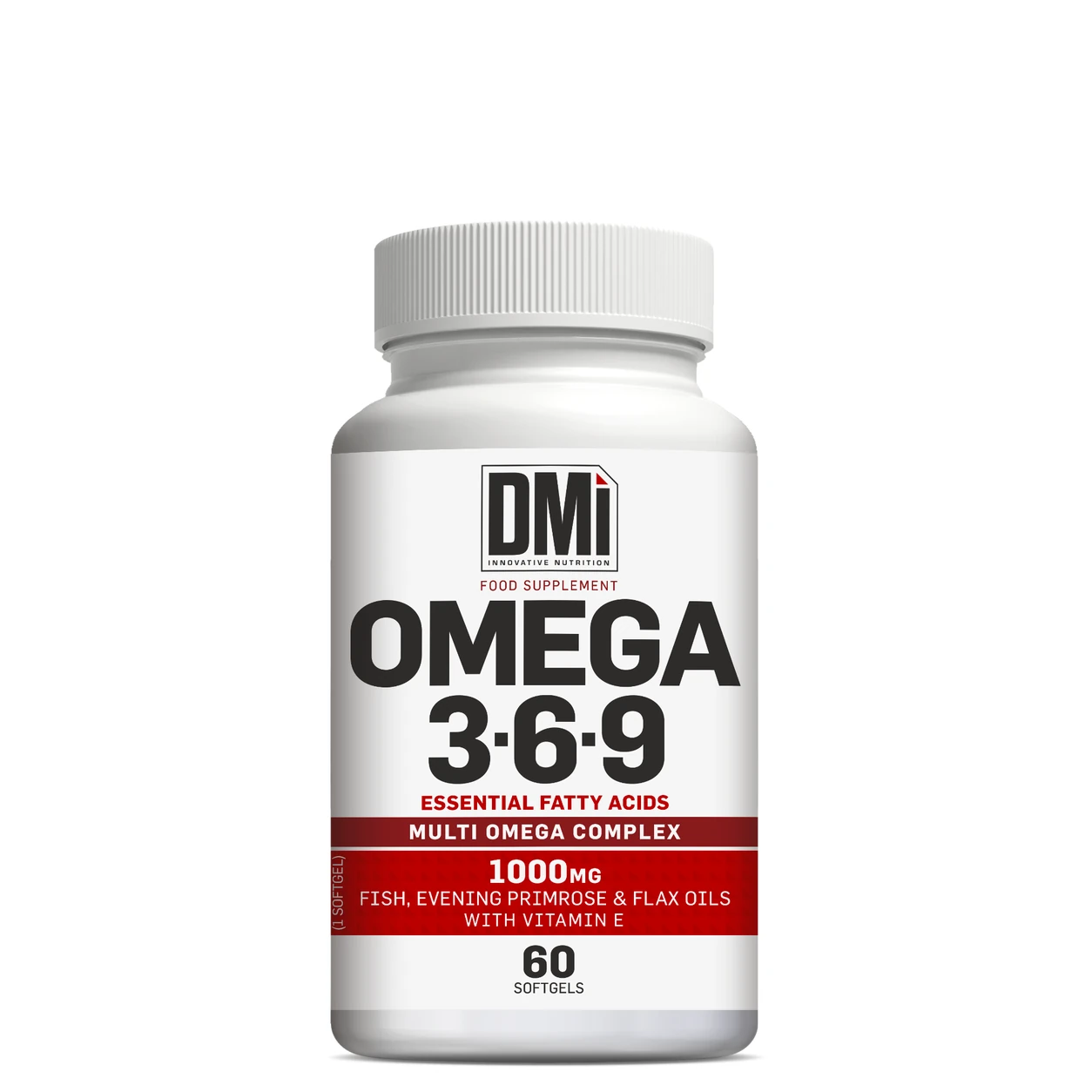 Omega 3-6-9 DMI Nutrition 60 Softgels Frasco branco de suplemento alimentar Omega 3-6-9 com etiqueta preta e vermelha