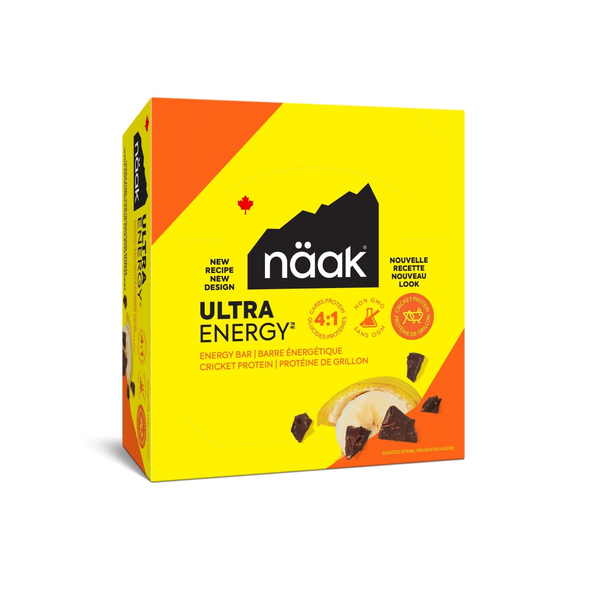 Embalagem de barra energética amarela e laranja Näak Ultra Energy v2