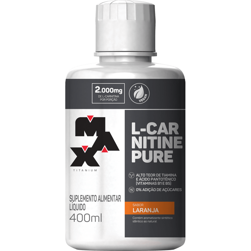 Frasco de suplemento alimentar líquido MAX L-CARNITINE PURE sabor laranja