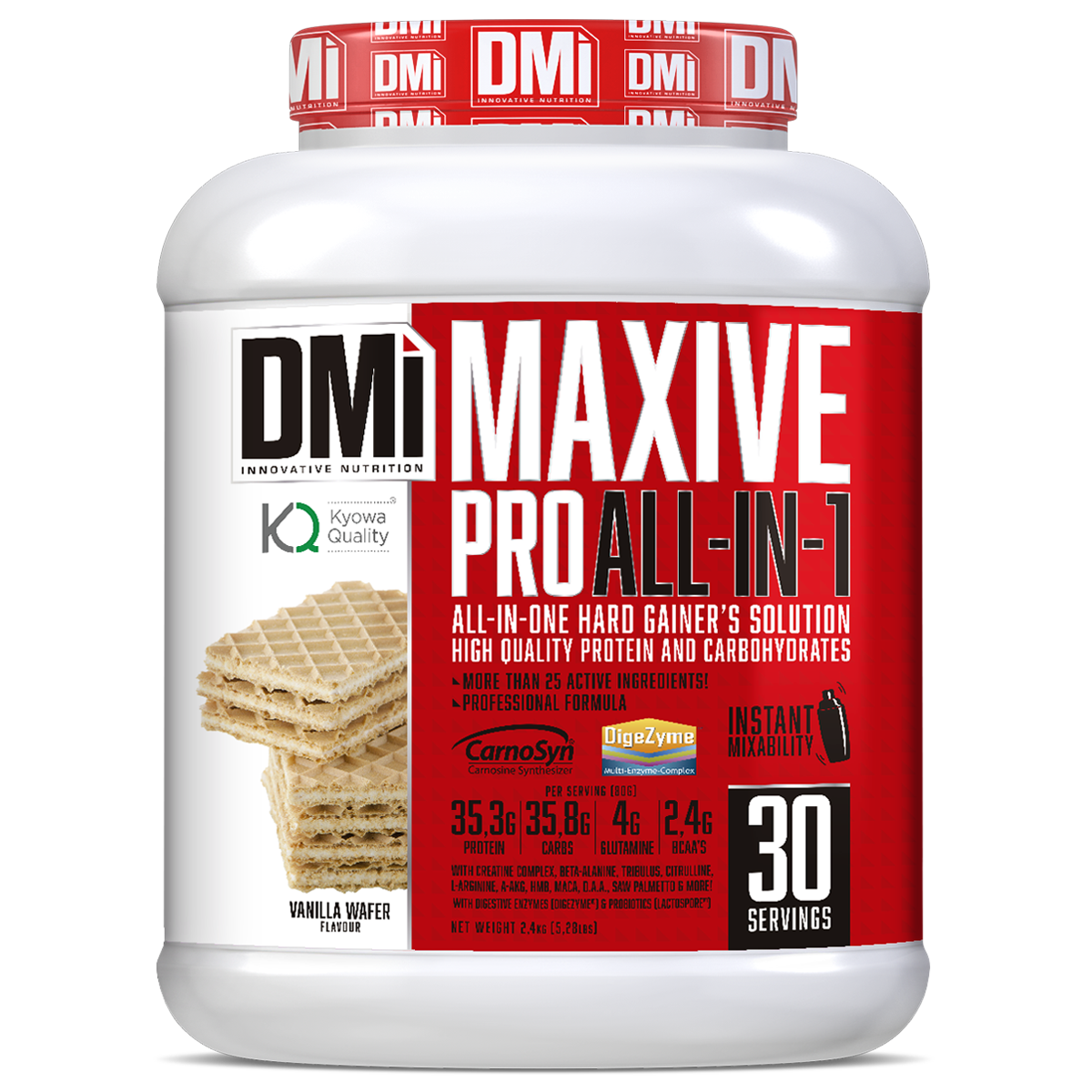 Frasco de suplemento DMI MAXIVE PRO ALL-IN-1 sabor Vanilla Wafer, 30 doses
