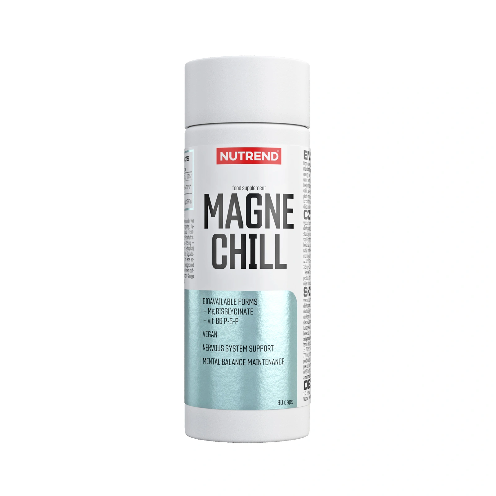 MagneChill® Nutrend — 90 cápsulas frasco branco de suplemento alimentar Nutrend MAGNE CHILL com rótulo azul metalizado