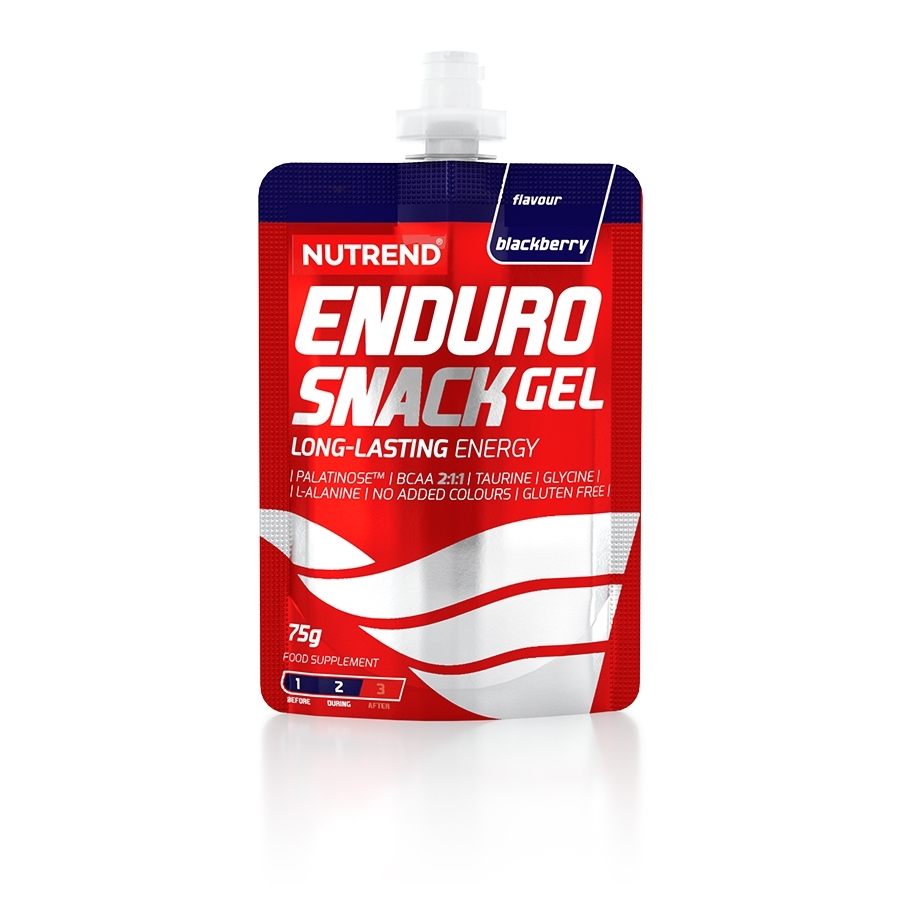 Embalação de gel alimentar Nutrend Enduro Snack Gel sabor blackberry, embalagem vermelha com texto branco