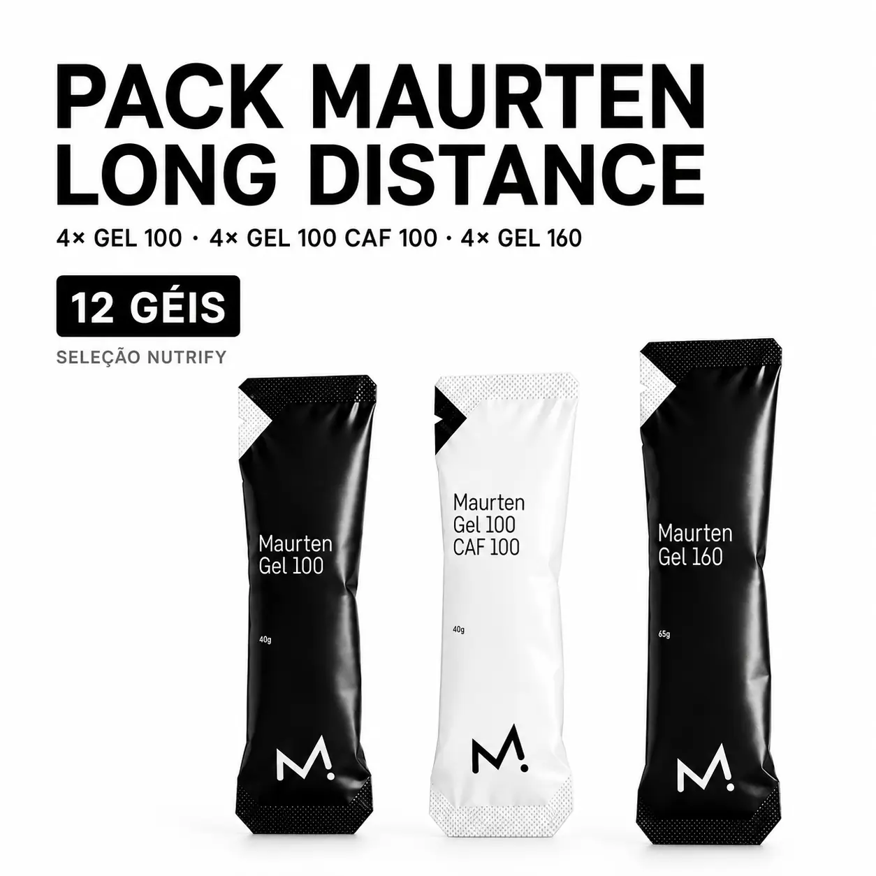 Pack Maurten Long Distance – 12 Géis Embalagem de três géis energéticos Maurten preto e branco com texto identificativo e informações do pack