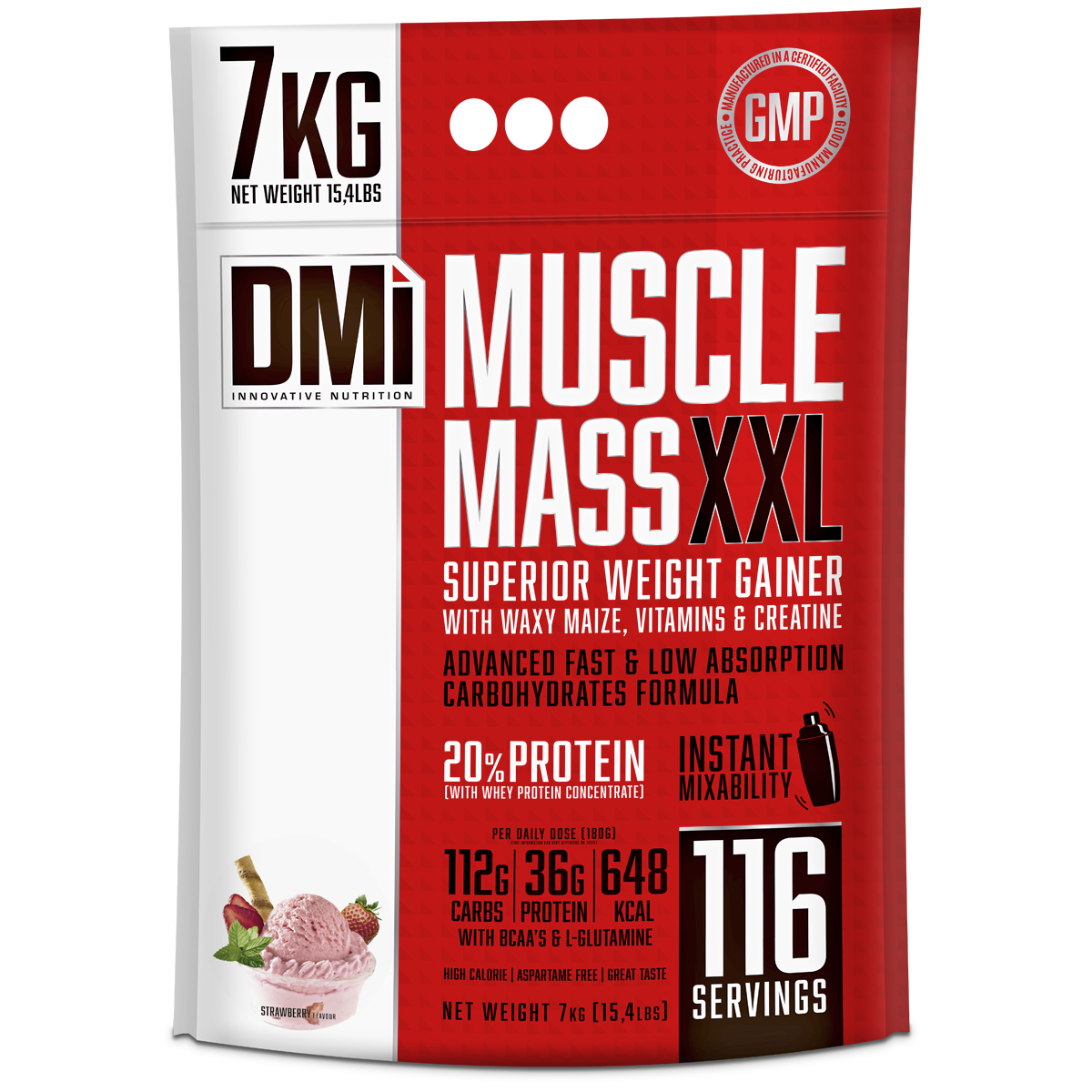 Pacote vermelho e branco de suplemento Muscle Mass XXI 7KG para ganho de peso