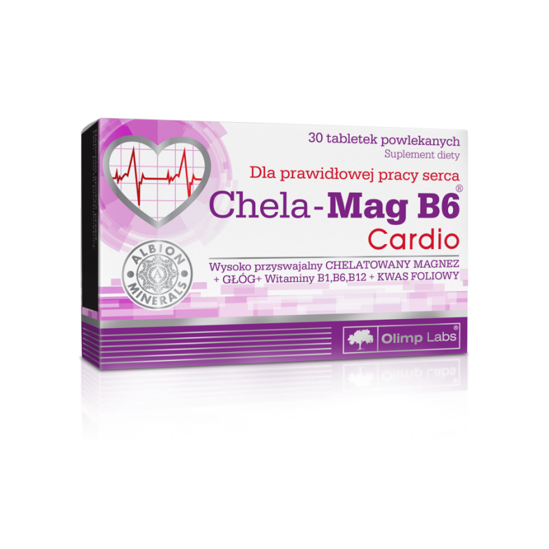 Embalagem de suplemento Chela-Mag B6 Cardio com texto em polaco e gráficos de coração