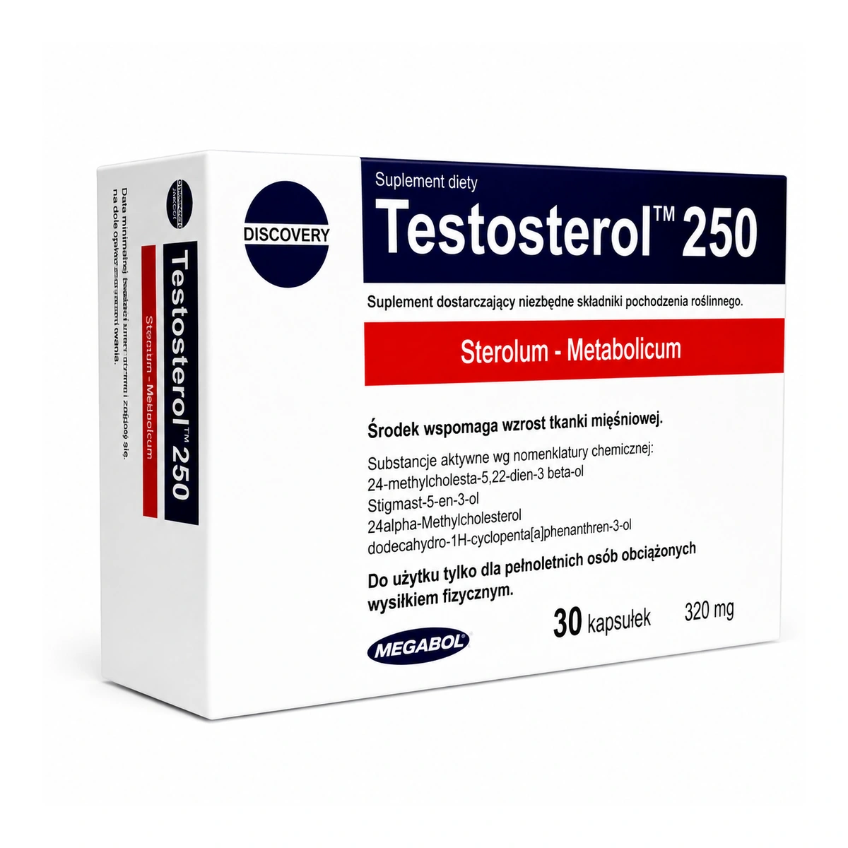 Testosterol 250 Megabol – 30 cápsulas Suplemento Testosterol 250 em embalagem branca com texto azul, vermelho e preto
