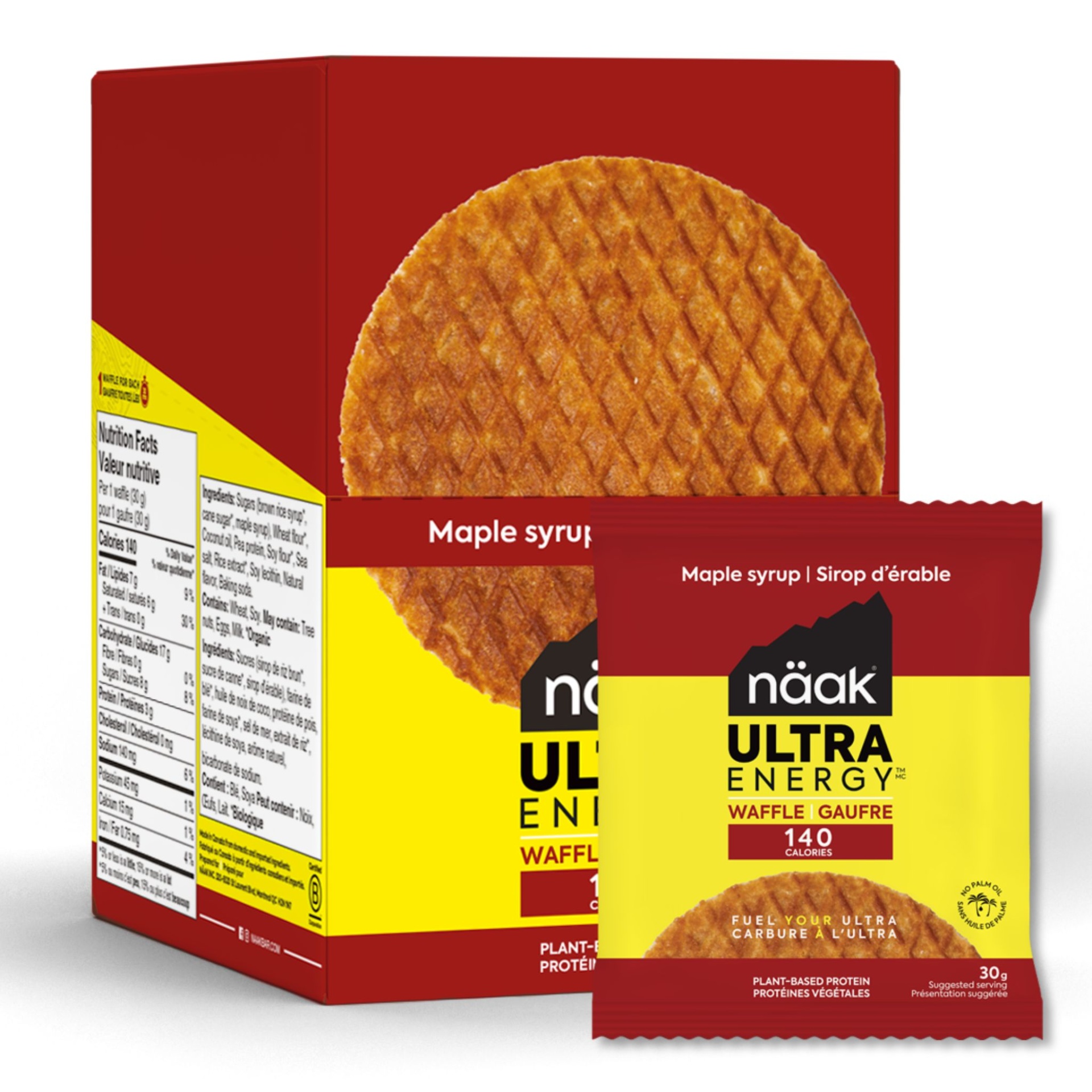 Caixa vermelha e amarela de waffles Maple syrup Näak Ultra Energy com uma embalagem individual à frente