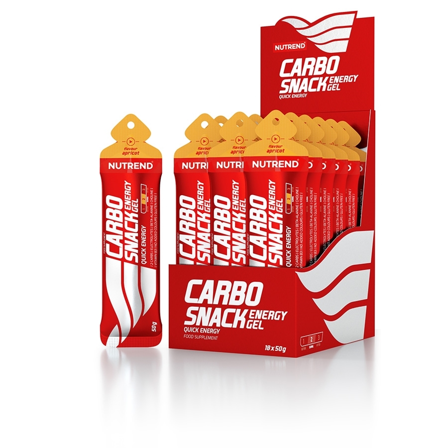 Sachetes vermelhos Carbo Snack Energy Gel Nutrend na caixa vermelha e branca
