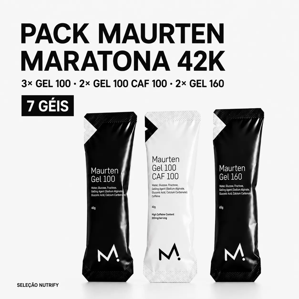 Pack Maurten Maratona 42K – 7 Géis Três embalagens de géis Maurten para maratona, preta e branca, com texto e logótipo M.