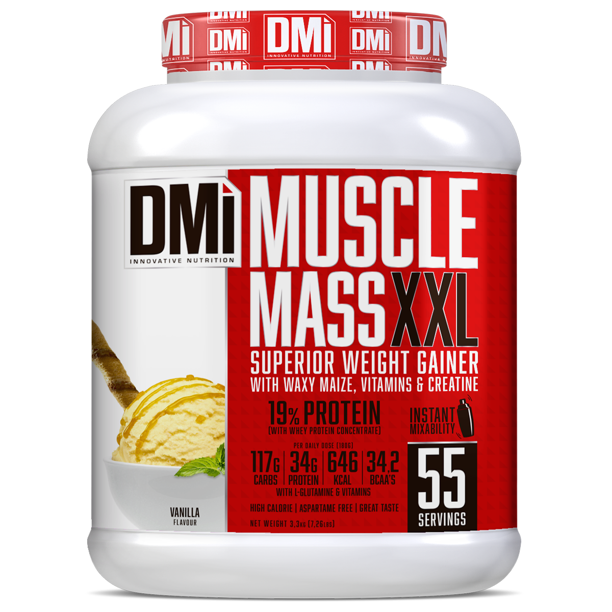 Suplemento DMI Muscle Mass XXL pote branco com rótulo vermelho e branco