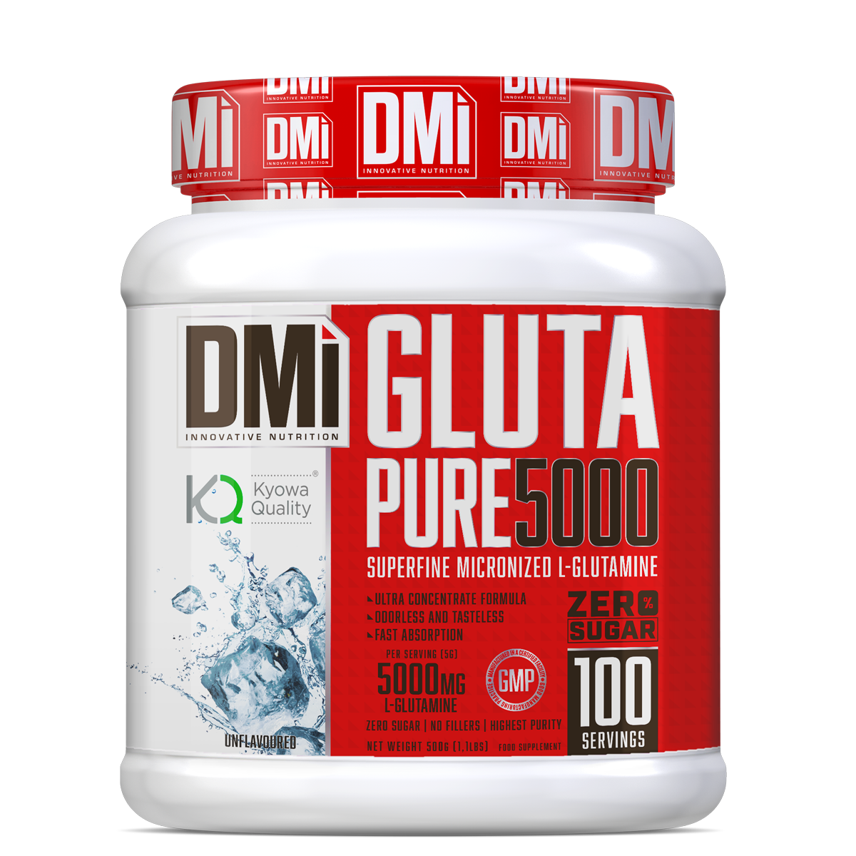 Suplemento DM Gluta Pure 5000 em embalagem branca com tampa vermelha e rótulo vermelho e branco
