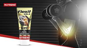 Tubo de gel Flexit Gold da Nutrend junto a homem a levantar halteres