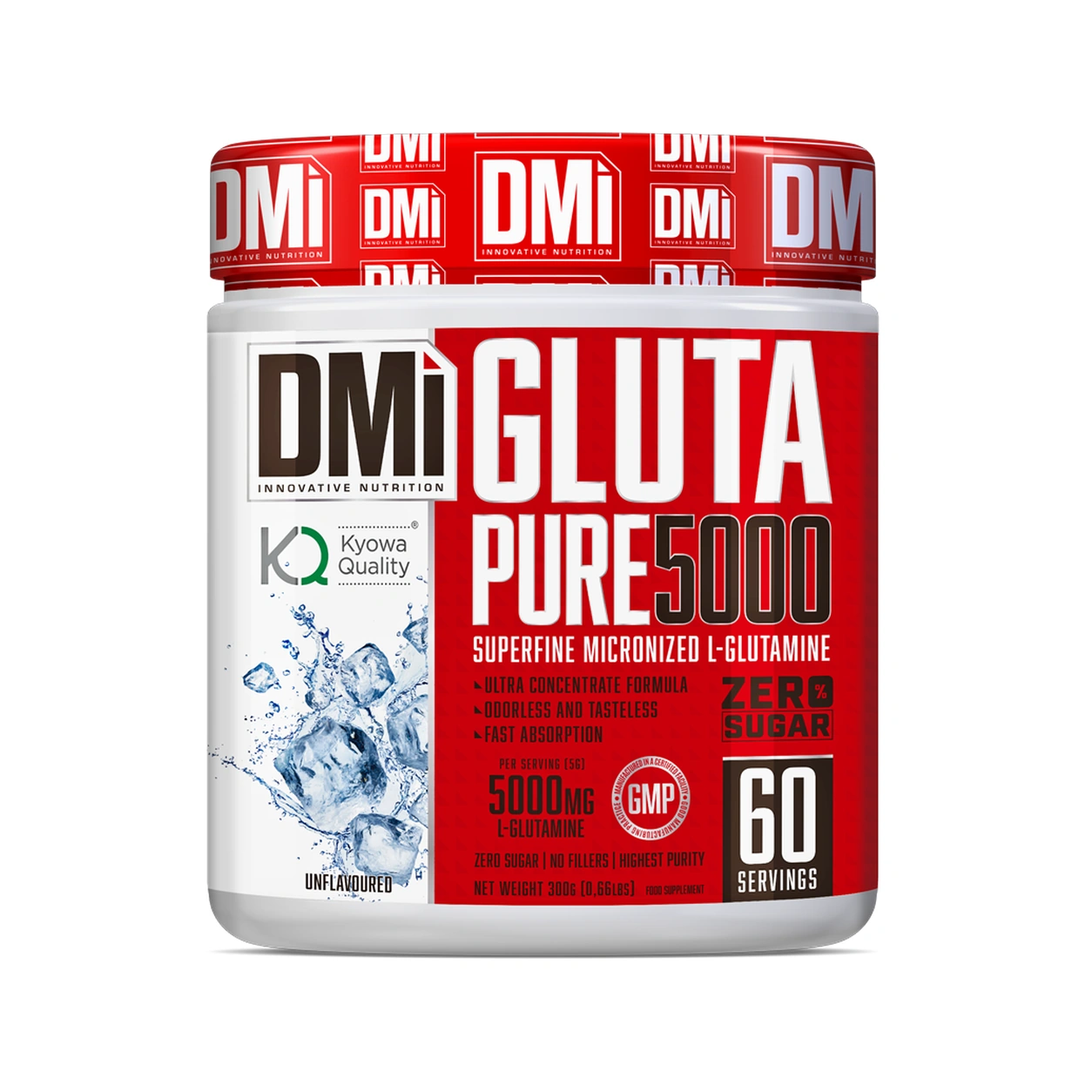 Gluta Pure 5000 DMI Nutrition 300 g Frasco branco com tampa vermelha do suplemento DMi GLUTA PURE 5000 com rótulo destacando L-Glutamina 5000mg