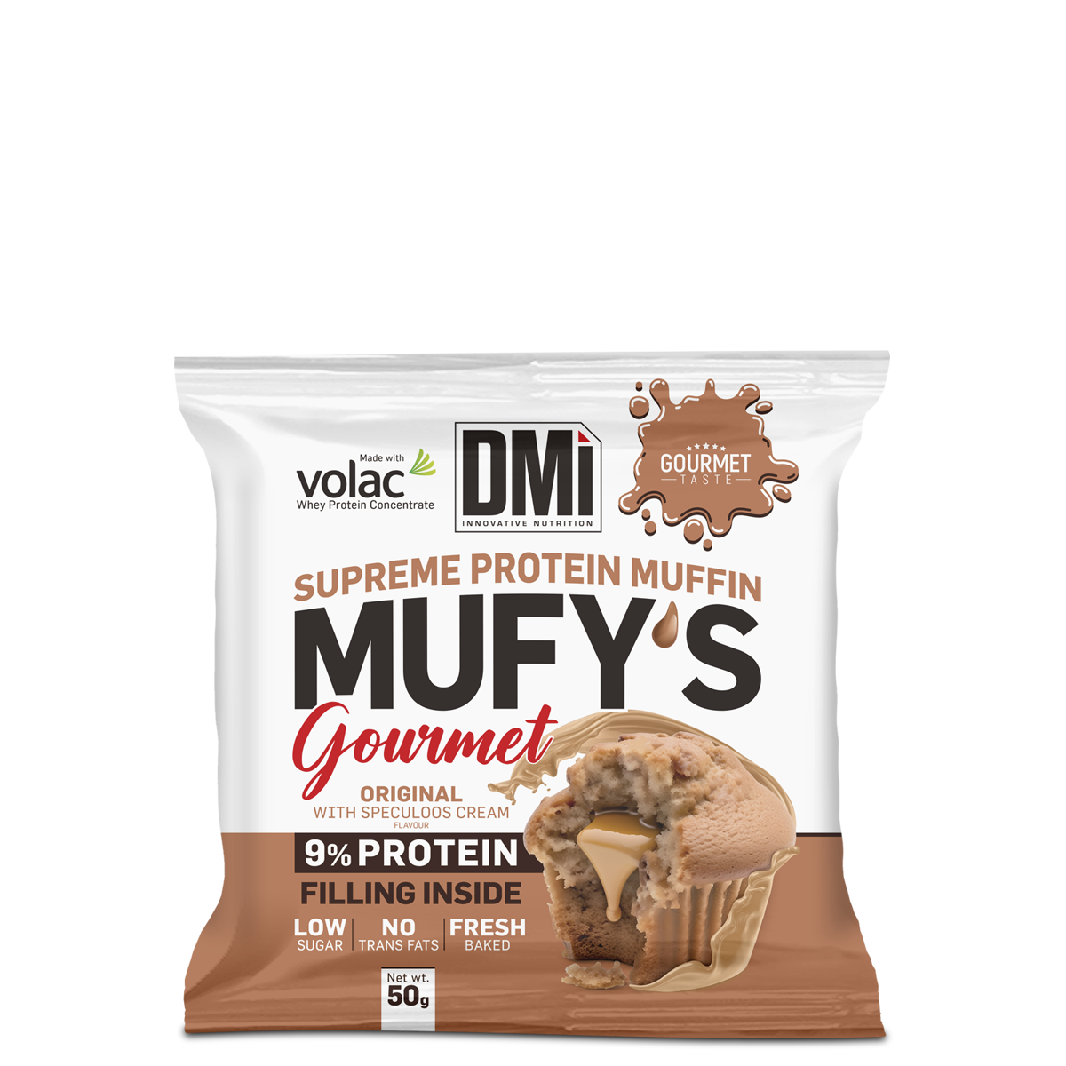 Pacote branco e castanho de muffin proteico Muey's Gourmet com recheio visível