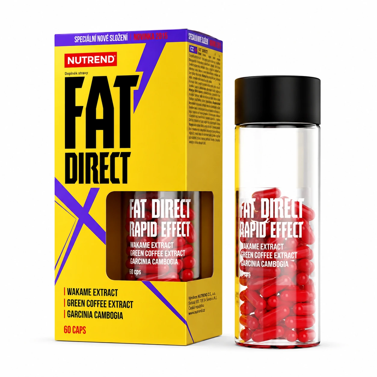 Fat Direct Nutrend – 60 Cápsulas Embalagem e frasco de suplemento Nutrend Fat Direct com cápsulas vermelhas