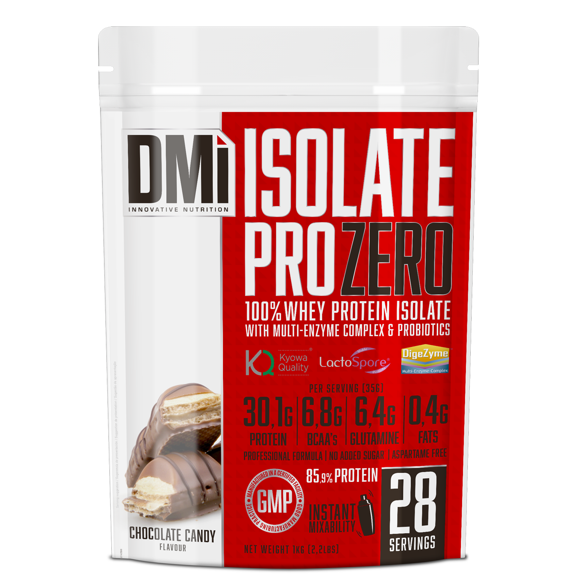 Embalagem branca e vermelha de suplemento DMI ISOLATE PRO ZERO sabor Chocolate Candy