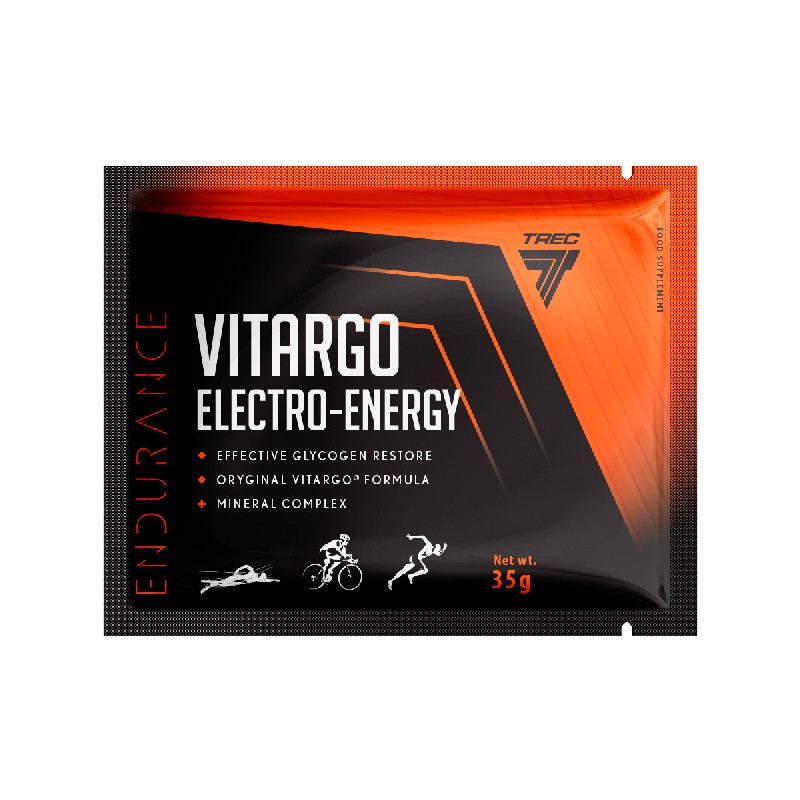 Embalagem de suplemento Vitargo Electro-Energy 35g laranja e preto