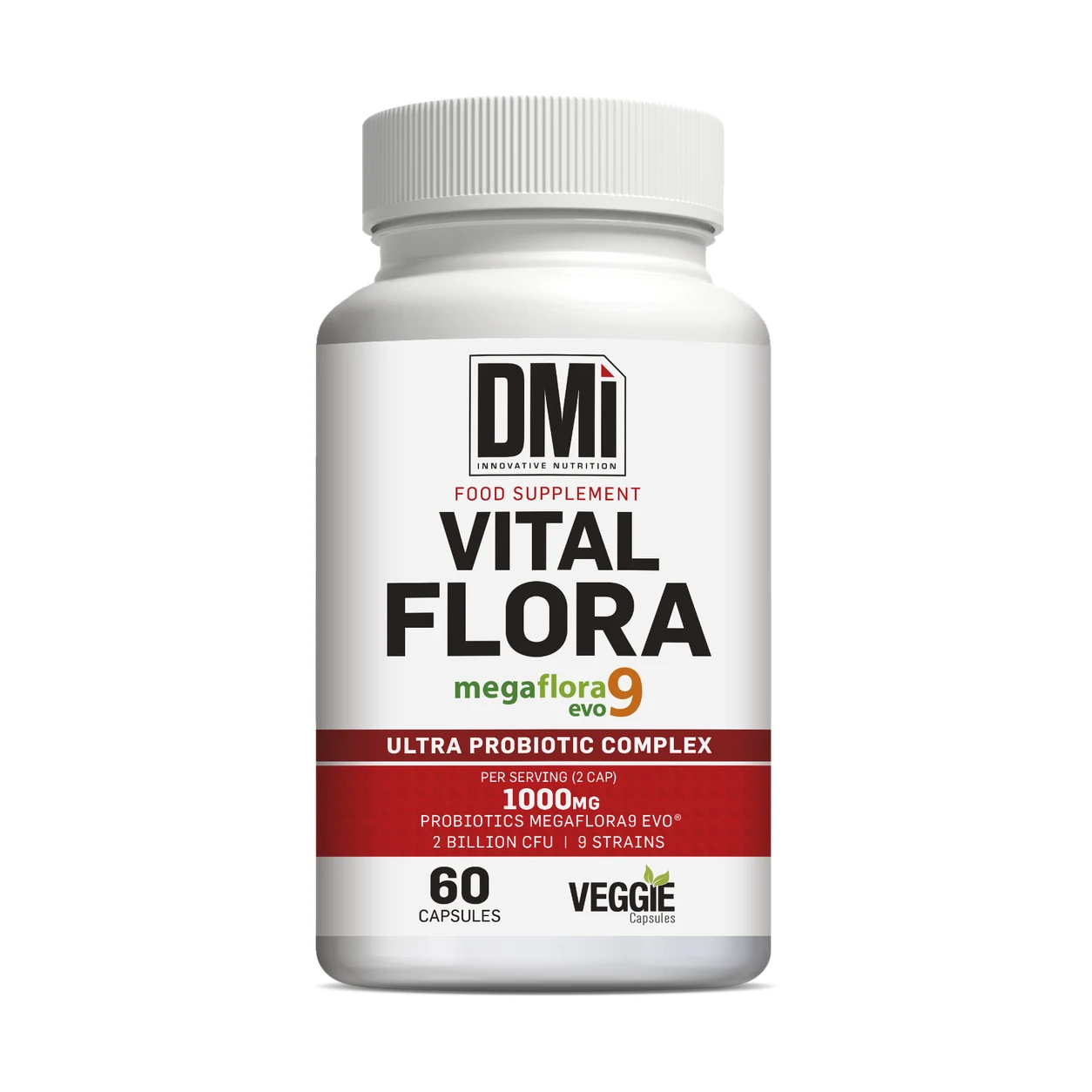 Vital Flora Megaflora® 9 EVO DMI – 60 Cápsulas Frasco branco de suplemento alimentar Vital Flora DMi com texto e tampa branca