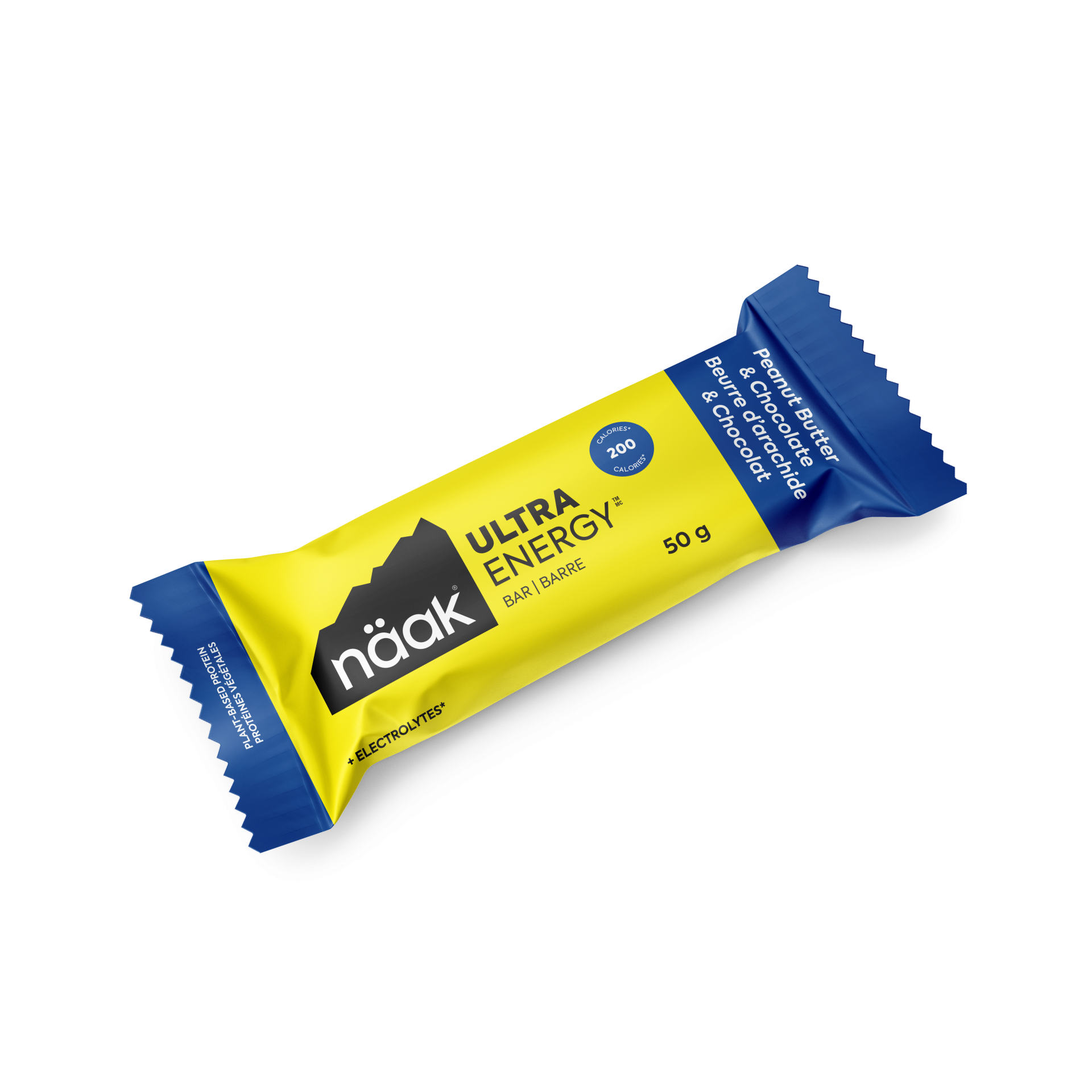 Barra energética nääk ULTRA ENERGY amarela e azul com peso e informação nutricional visível