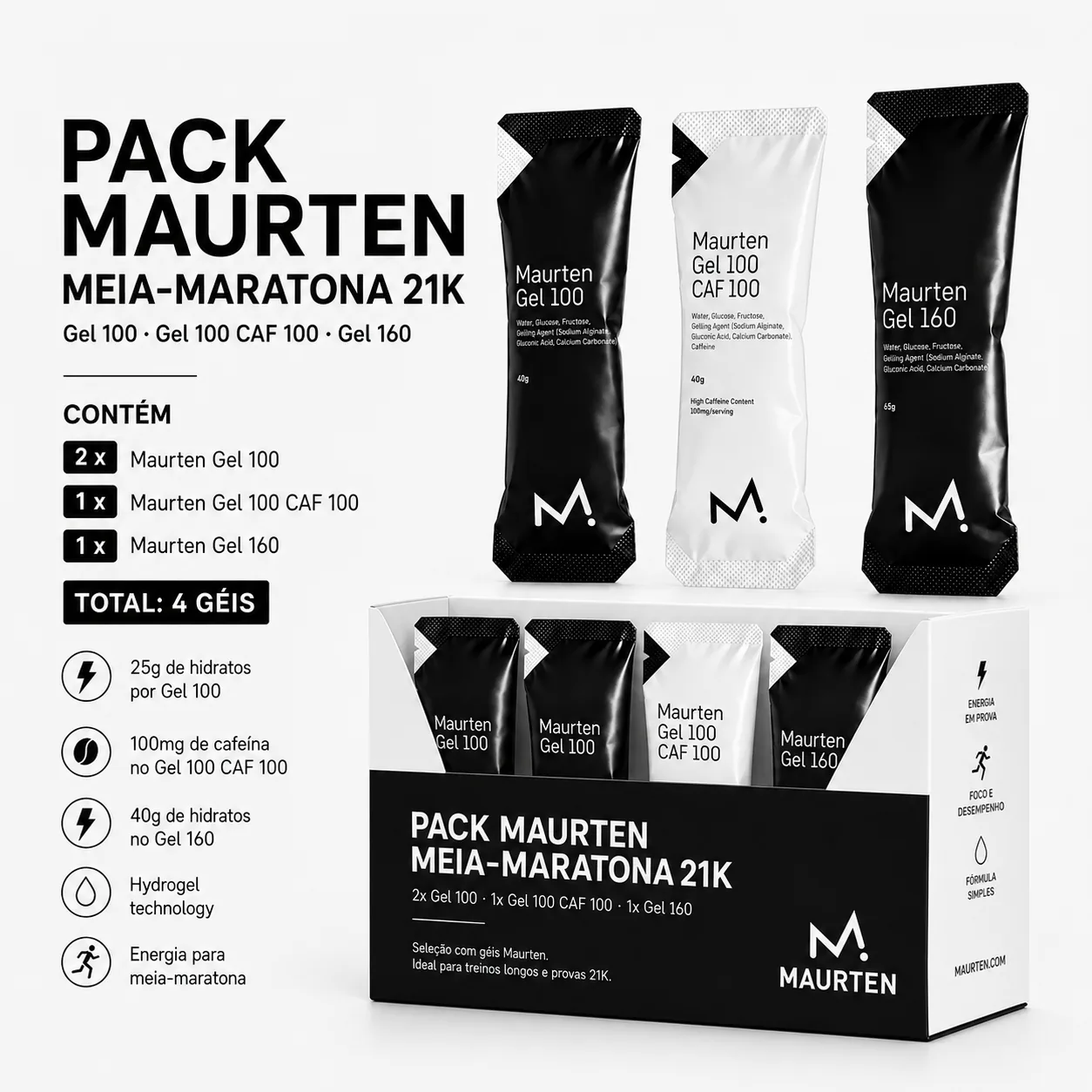 Pack Maurten Meia-Maratona 21K – 4 Géis Pack Maurten Meia-Maraton 21K com quatro géis energéticos em embalagens preta e branca