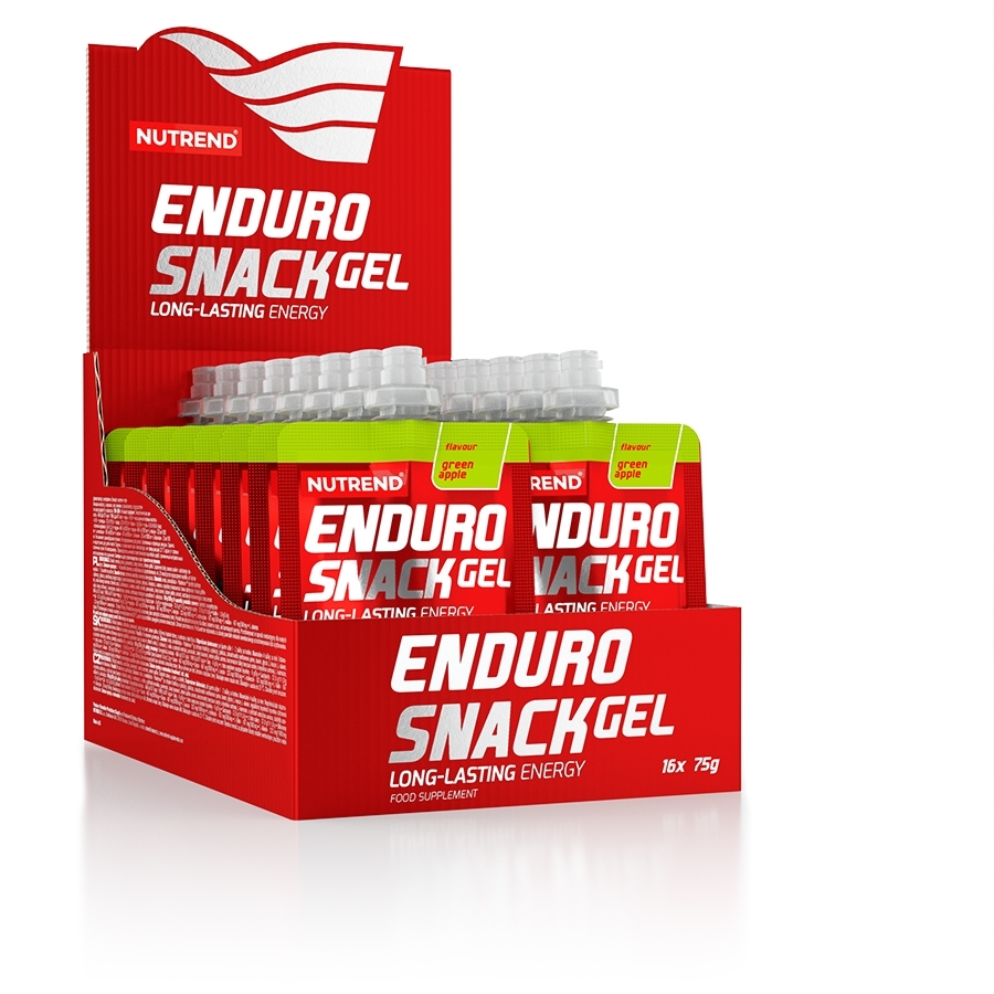 Caixa vermelha com sachês de ENDURO SNACK GEL da Nutrend