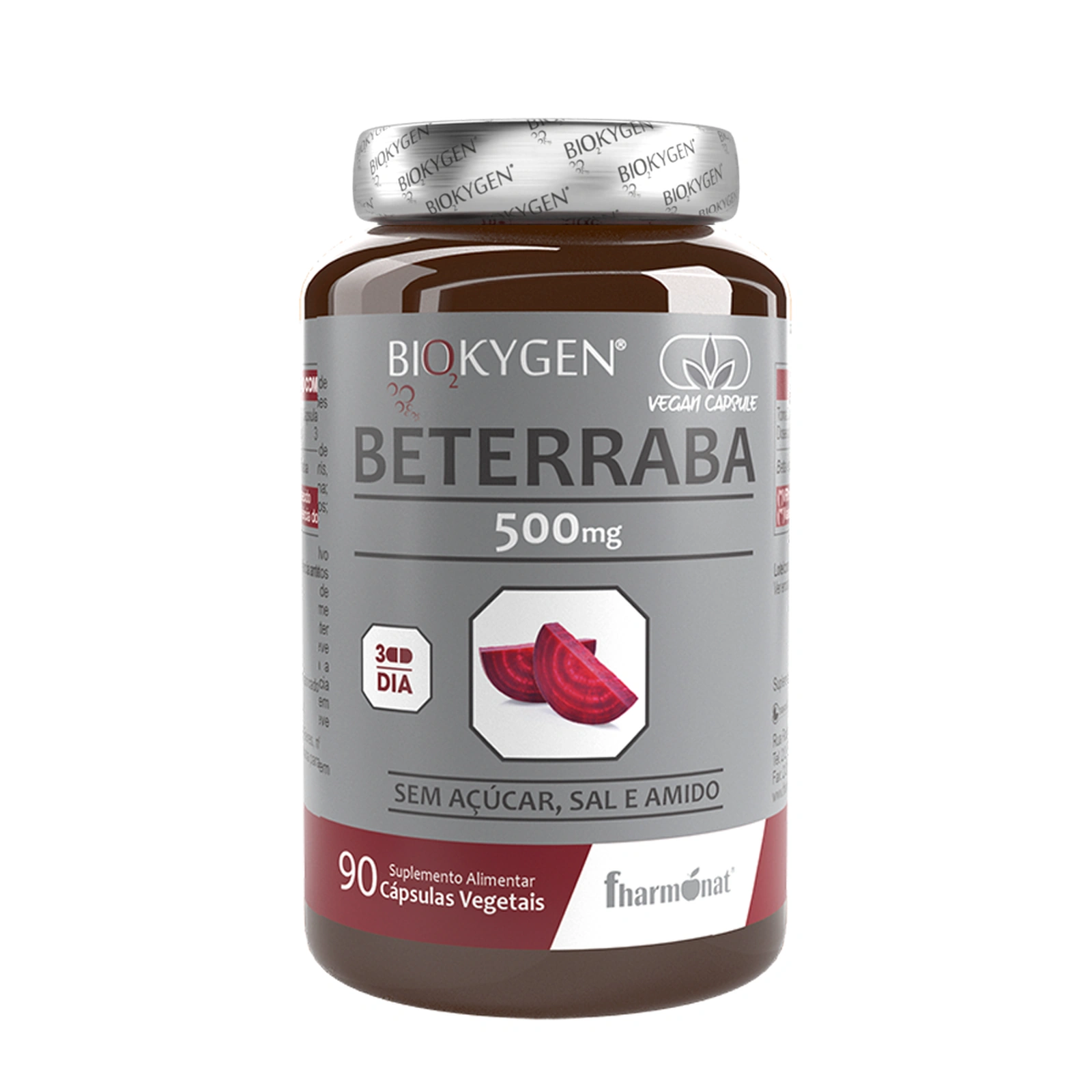 Beterraba 500 mg Biokygen — 90 Cápsulas Frasco de suplemento alimentar de beterraba em cápsulas veganas