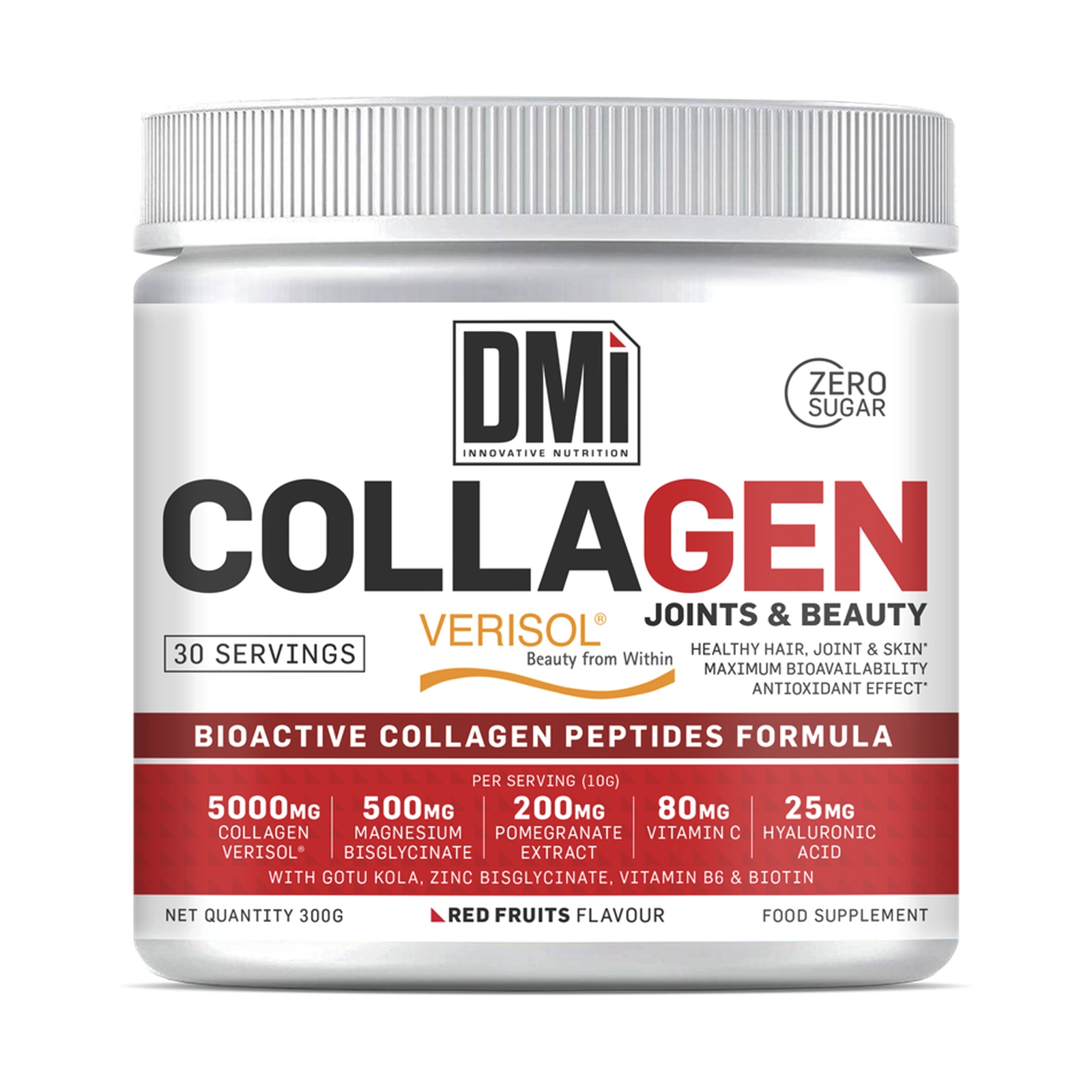 Collagen Joints & Beauty DMI — 300 g frasco de suplemento alimentar de colagénio DMI com embalagem branca e vermelha