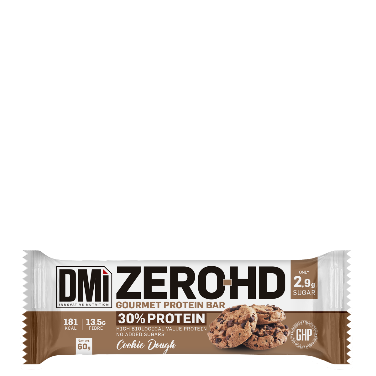 Barra proteica DMi ZERO-HD Cookie Dough com pedaços de bolacha em embalagem branca e castanha